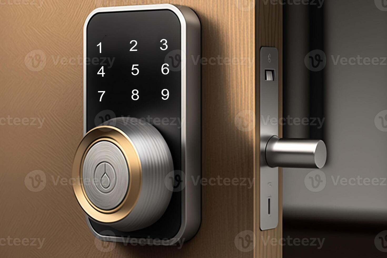 Locking smartlock on the entrance door using a smart phone remotely. Concept of using smart electronic locks with keyless access photo