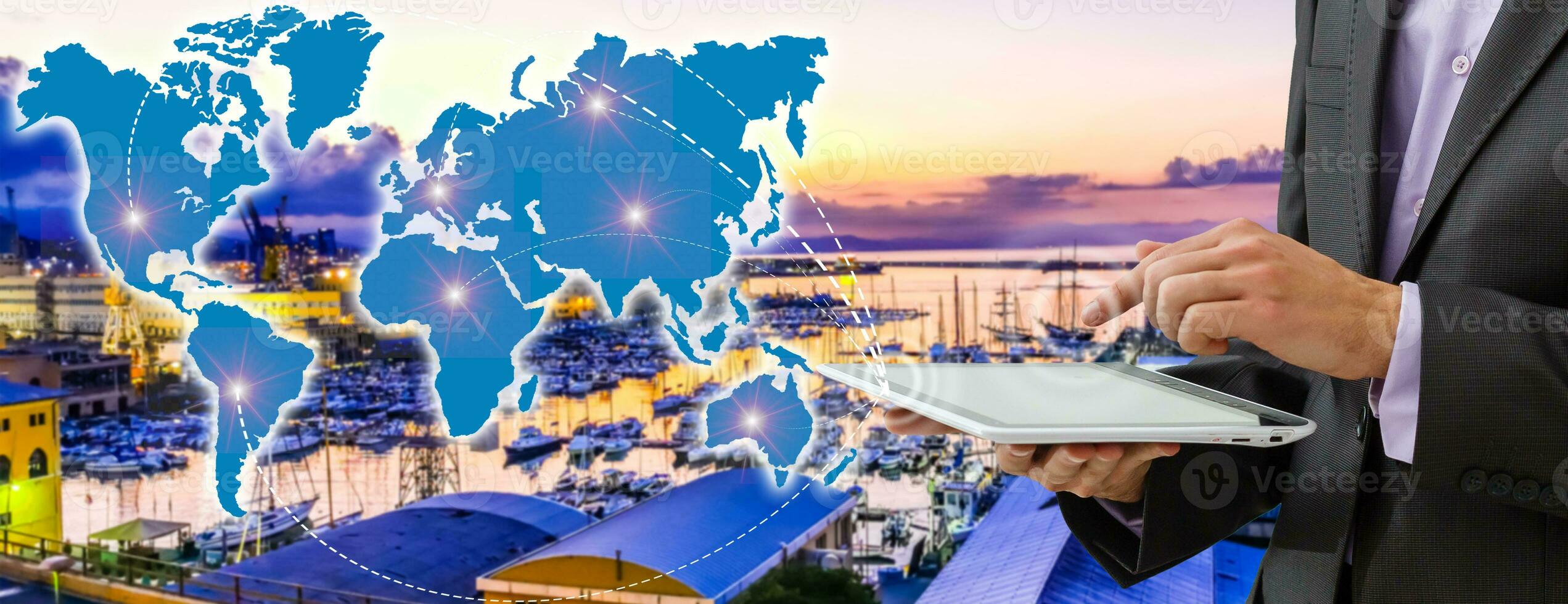 hand presses on world map with digital tablet,Industrial Container Cargo freight ship at dusk for Logistic Import Export background photo