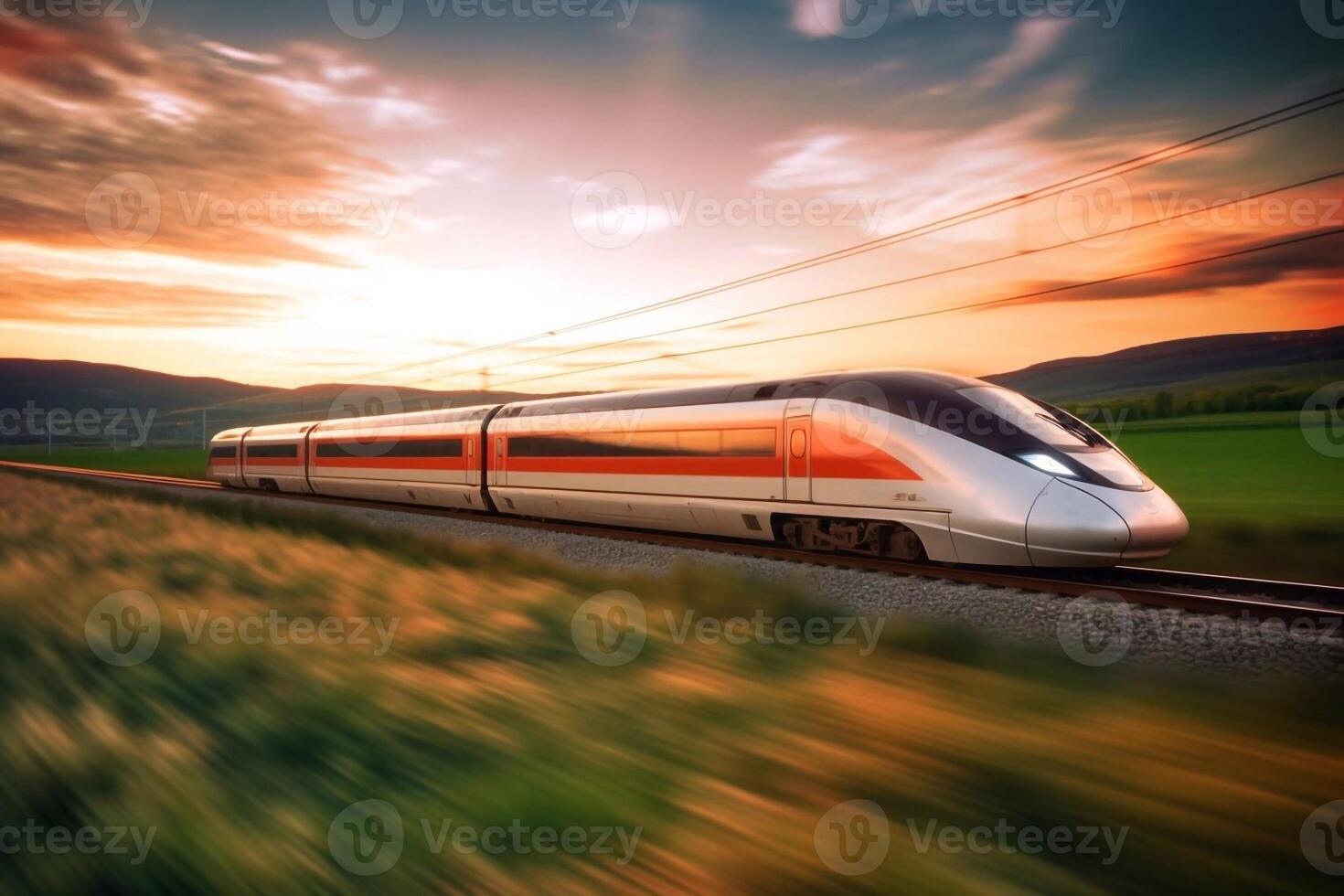 train in motion on the railway station at sunset. Modern intercity passenger train with motion blur effect on the railway platform. Industrial. Railroad and blurred background photo