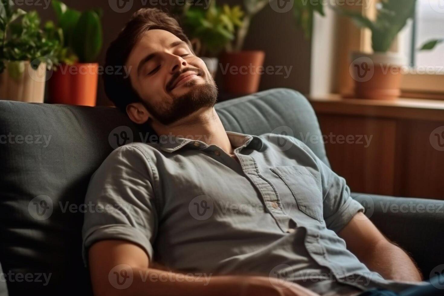 Cheerful attractive millennial african american male with beard sitting on couch and look at empty space in minimalist living room interior. Rest at home, break. photo