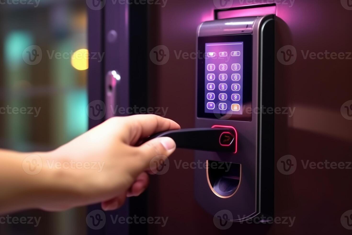 Wood door with smart lock, touch screen keypad and fingerprint, key less access photo