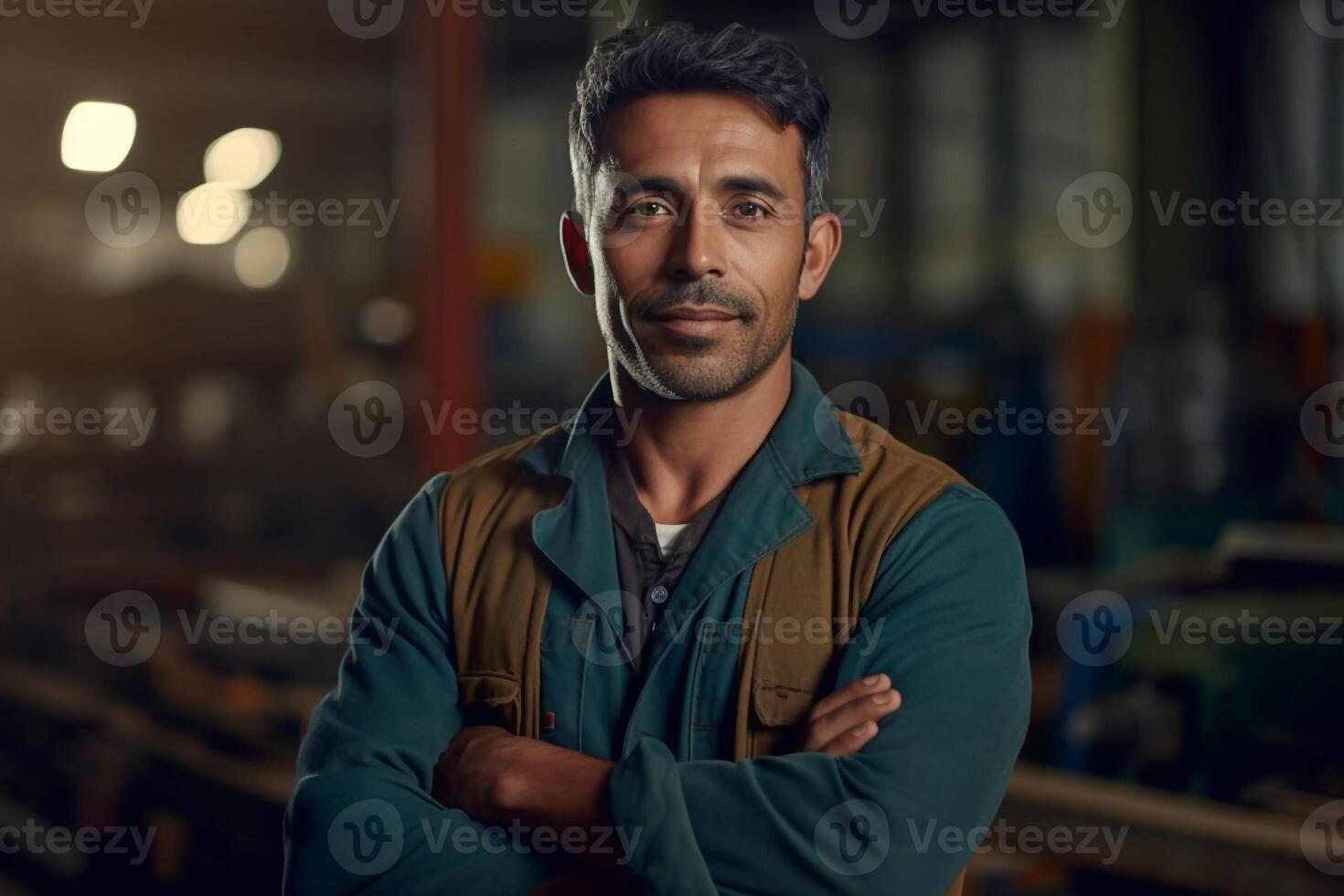Portrait of construction worker in uniform is in the factory. photo