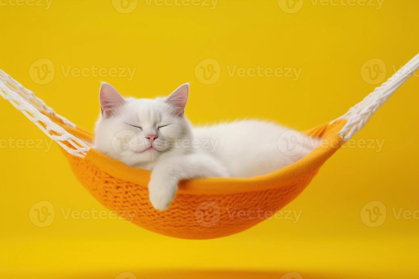 Portrait of beautiful white cat with sunglasses on yellow fabric hammock isolated on yellow background photo