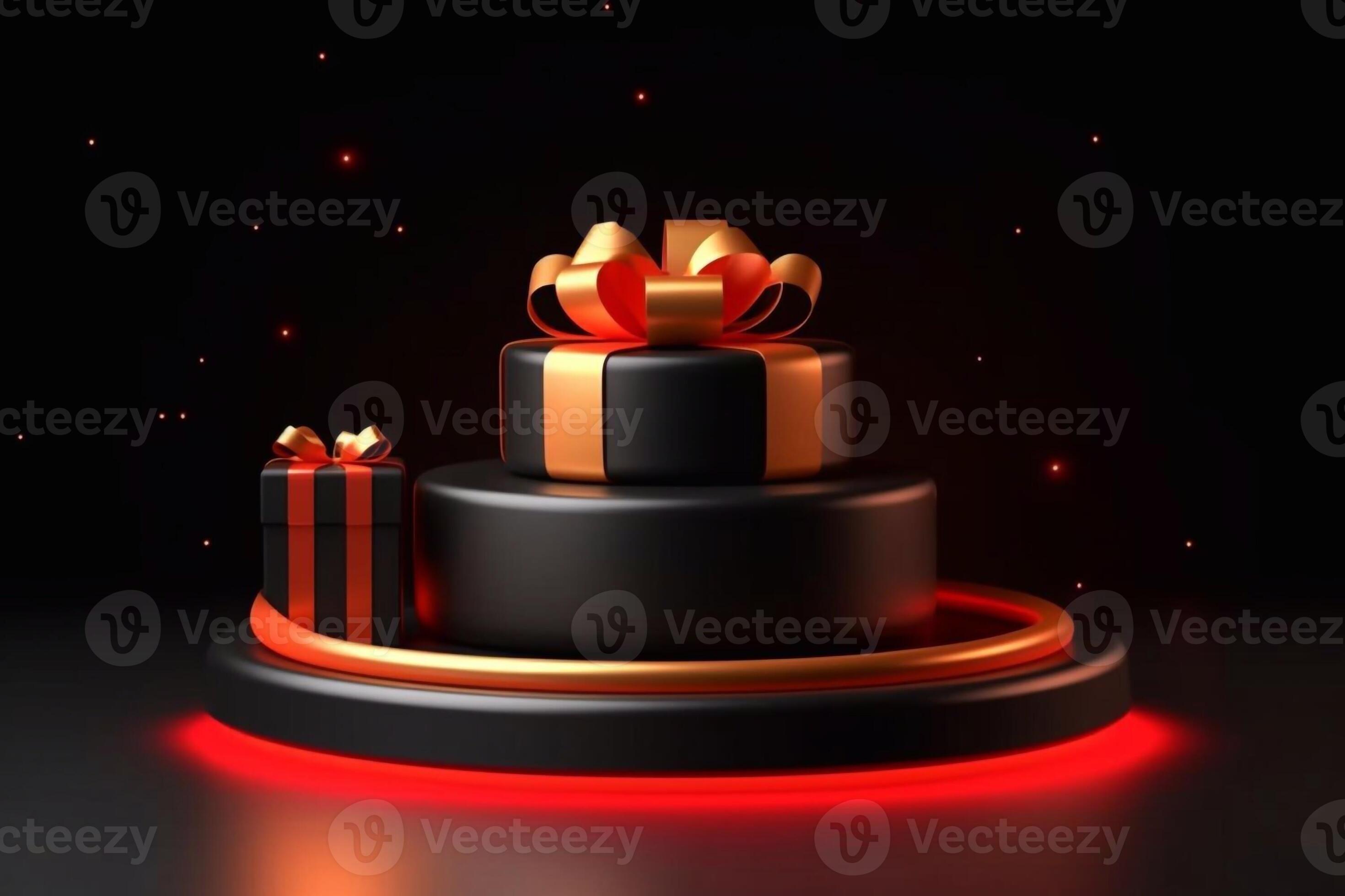 Black gift box with golden ribbon isolated on Black Background. 3d