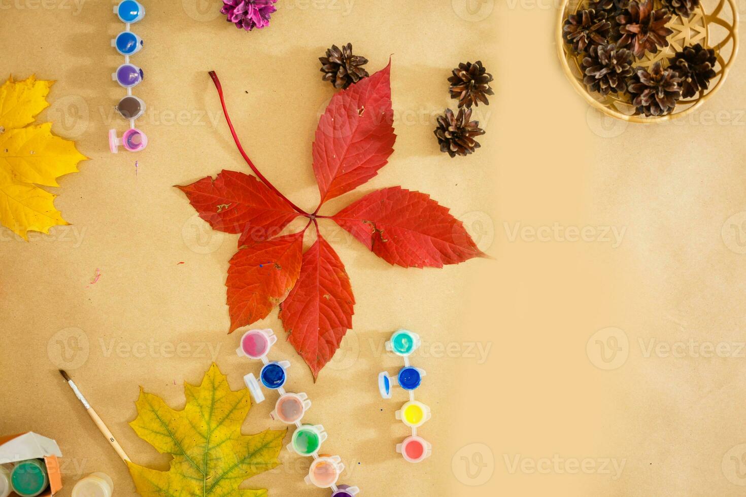 paint for coloring leaves and cones. Autumn background about creativity, return to school. Save the space back to school photo