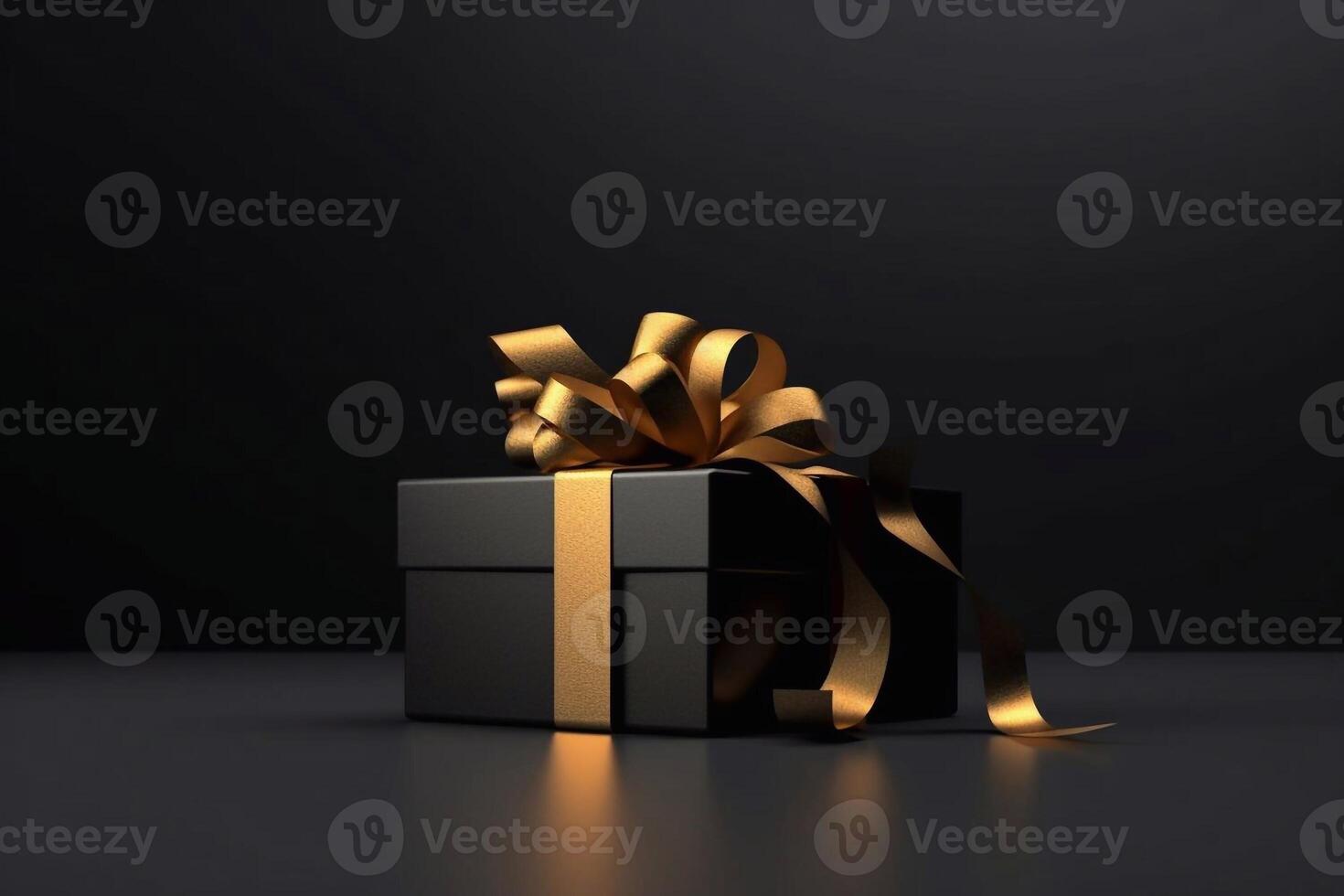 Black gift box with golden ribbon isolated on Black Background. 3d illustration of black gift box with gold ribbon. photo