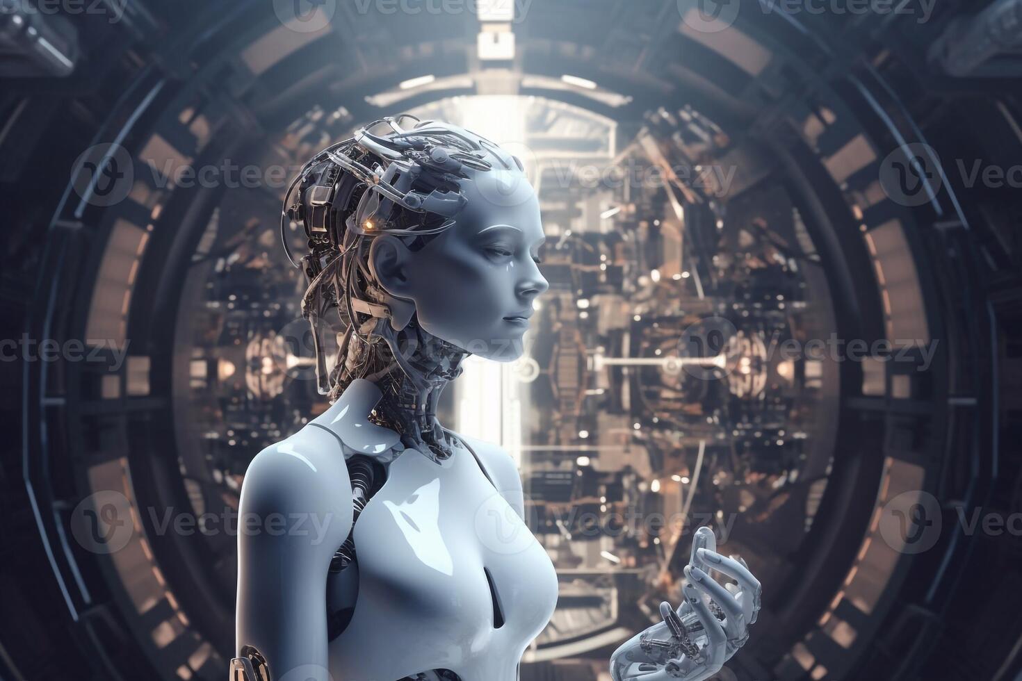 White woman cyborg on blurred background using digital chart interface 3D rendering photo
