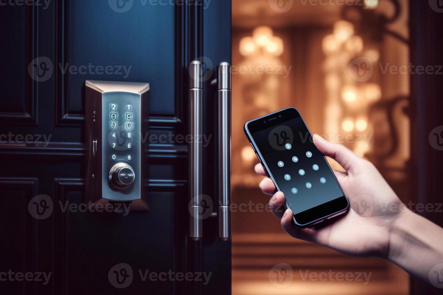 Woman locking smartlock on the entrance door using a smart phone. Concept of using smart electronic locks with keyless access photo