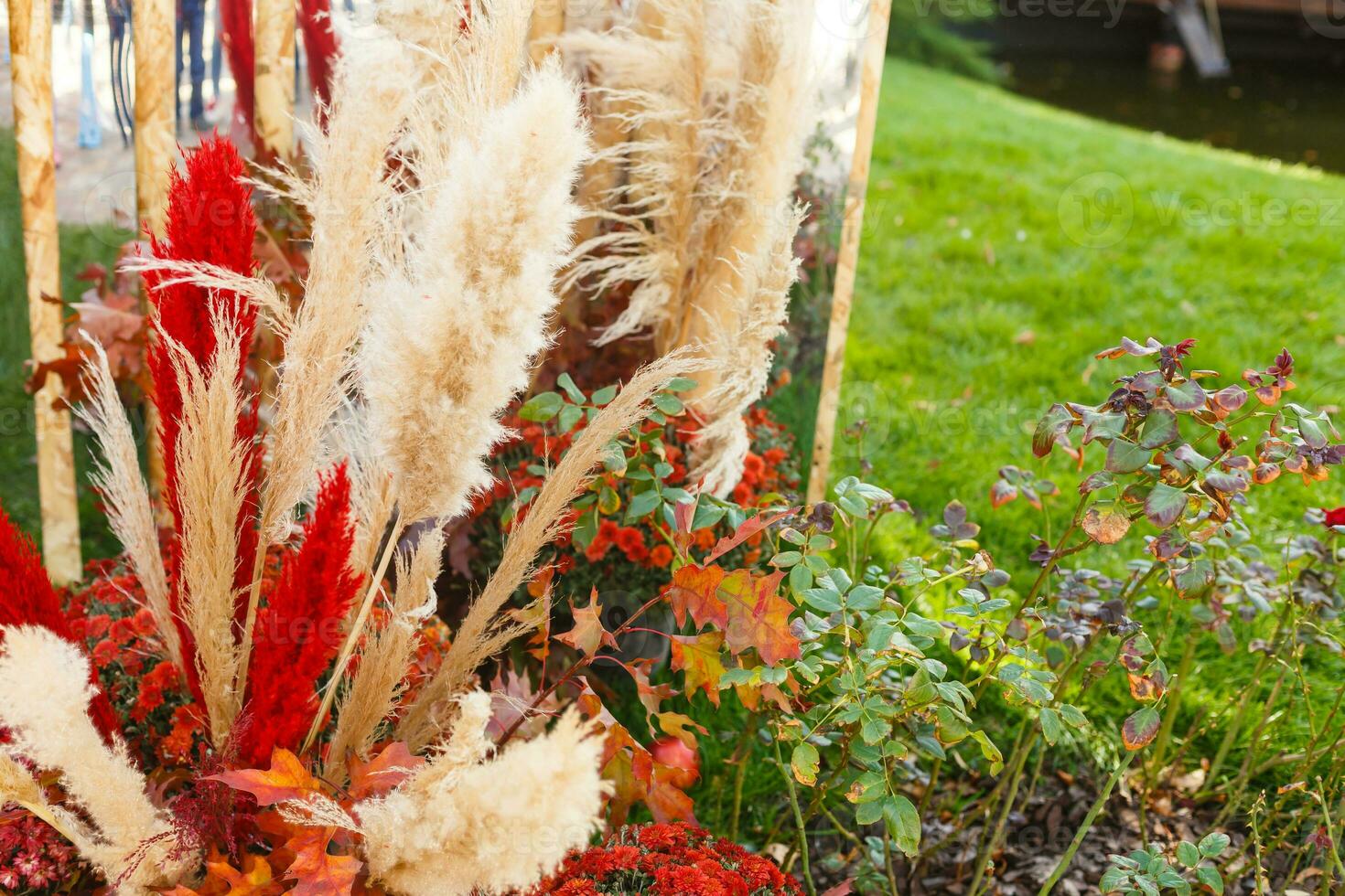 Autumn bouquet of yellow and orange flowers, red berries and maple leaves lying on the grass photo