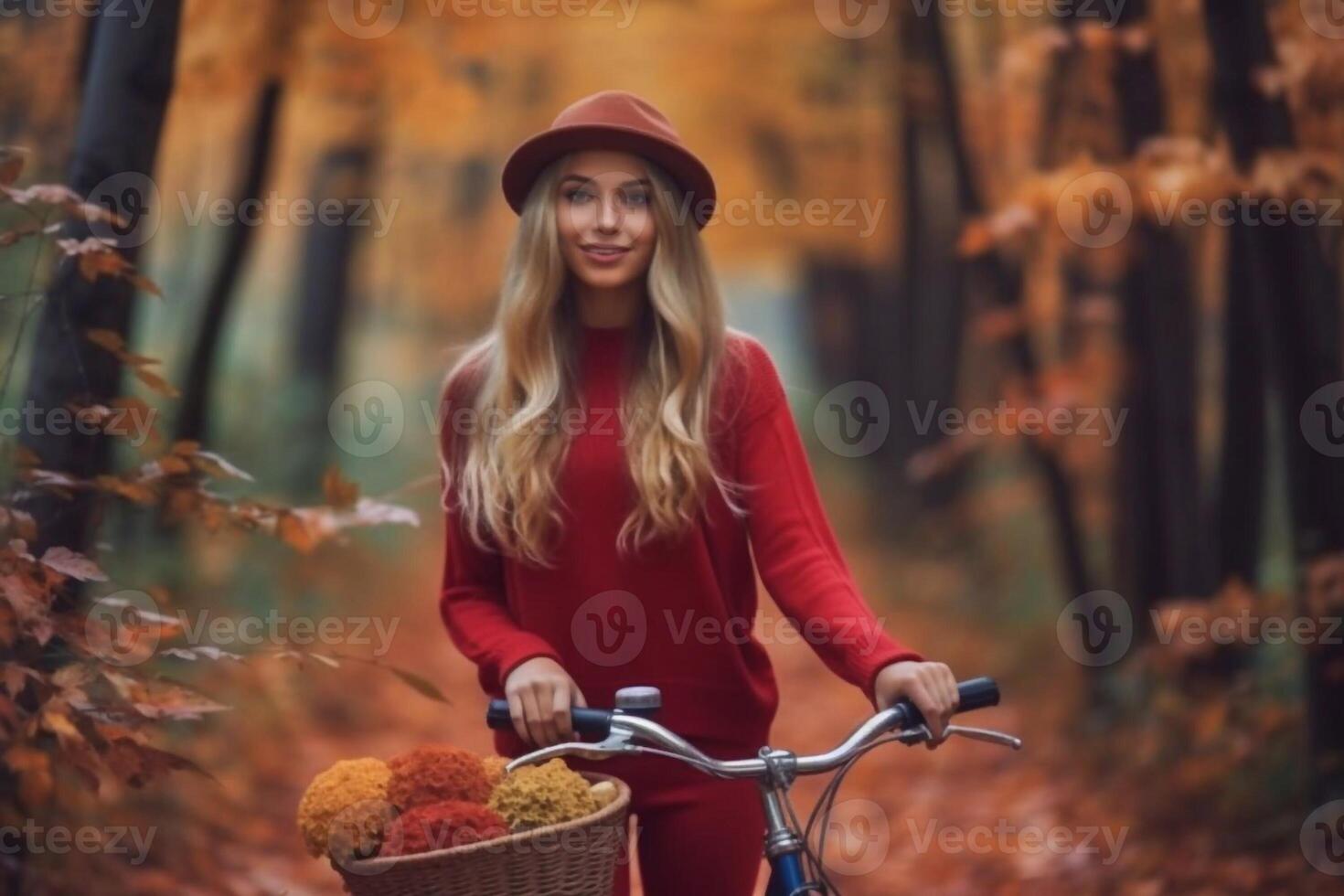 beautiful girl has fun riding a bike in autumn photo