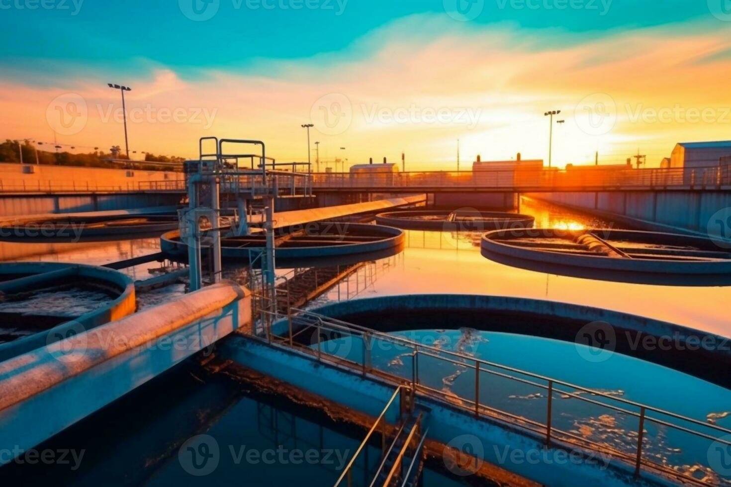 parte superior aéreo ver de purificación tanques de moderno aguas residuales tratamiento planta generativo ai foto