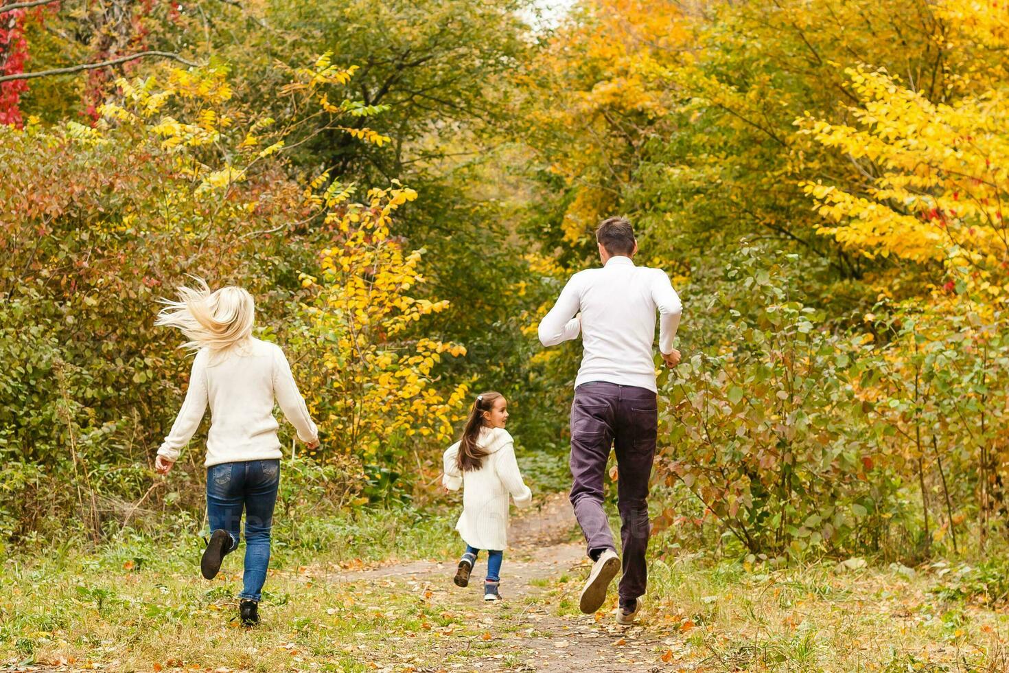 family, childhood, season and people concept - happy family in autumn park photo