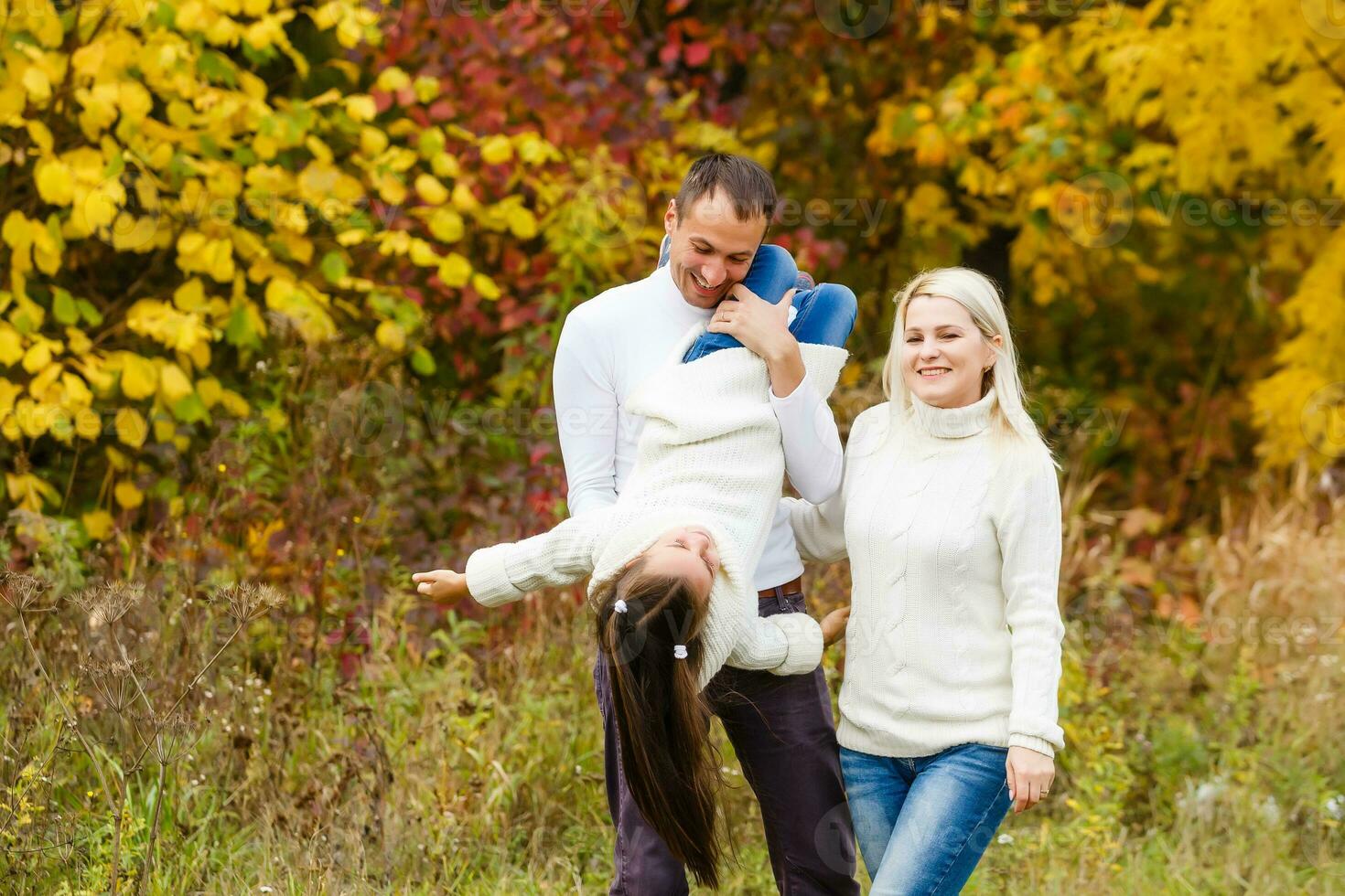 family, childhood, season and people concept - happy family in autumn park photo