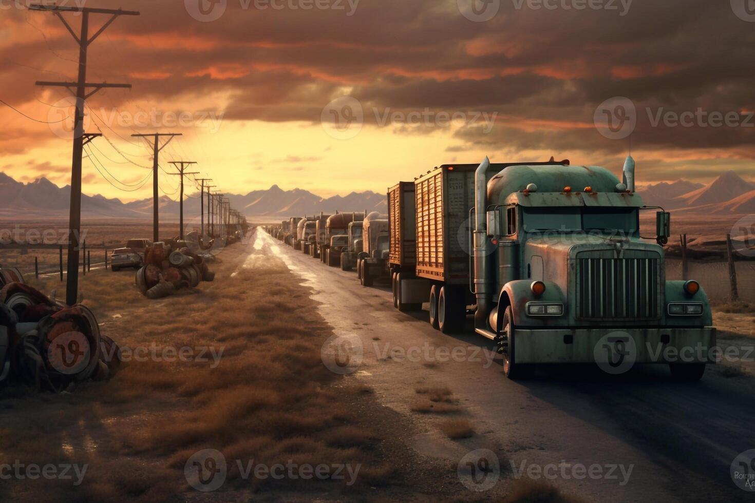 a long traffic jam of many trucks at the border , a long wait for customs checks between States due to the coronavirus epidemic, increased sanitary inspection of cargo transport photo