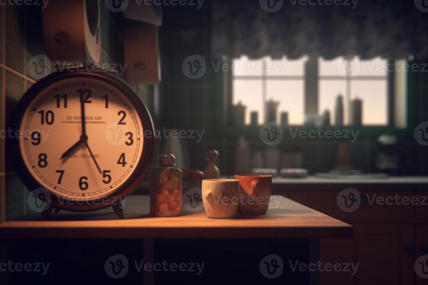 Alarm clock and a cup of morning coffee with a coffee machine on the background of the kitchen interior.A glass of coffee on the table with a clock in the morning. Good morning concept. photo