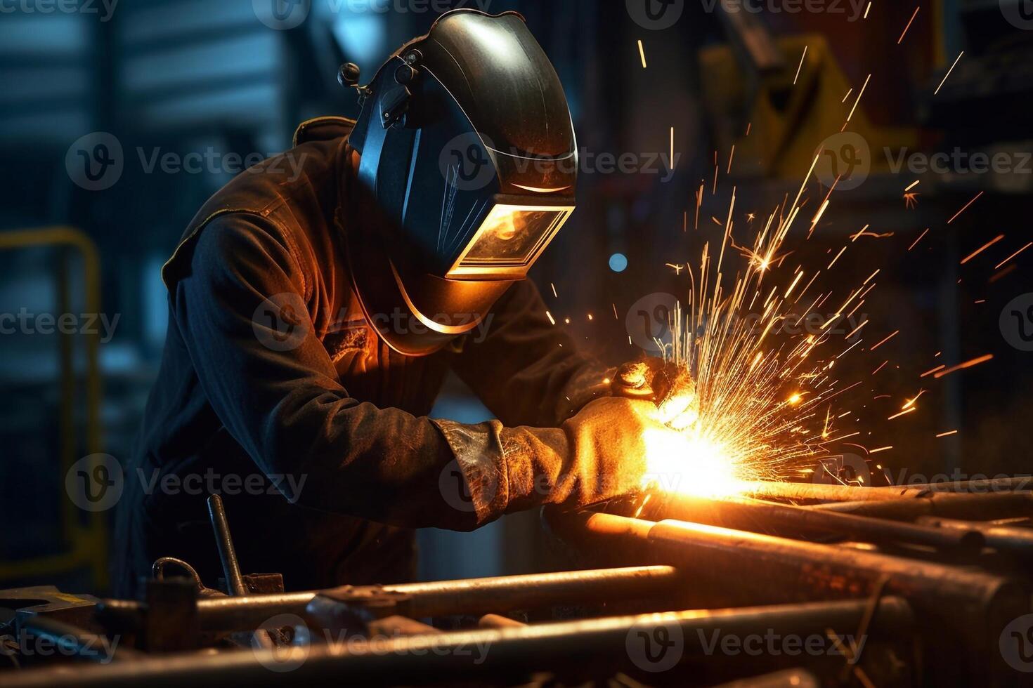 Welder on steel structure in factory photo