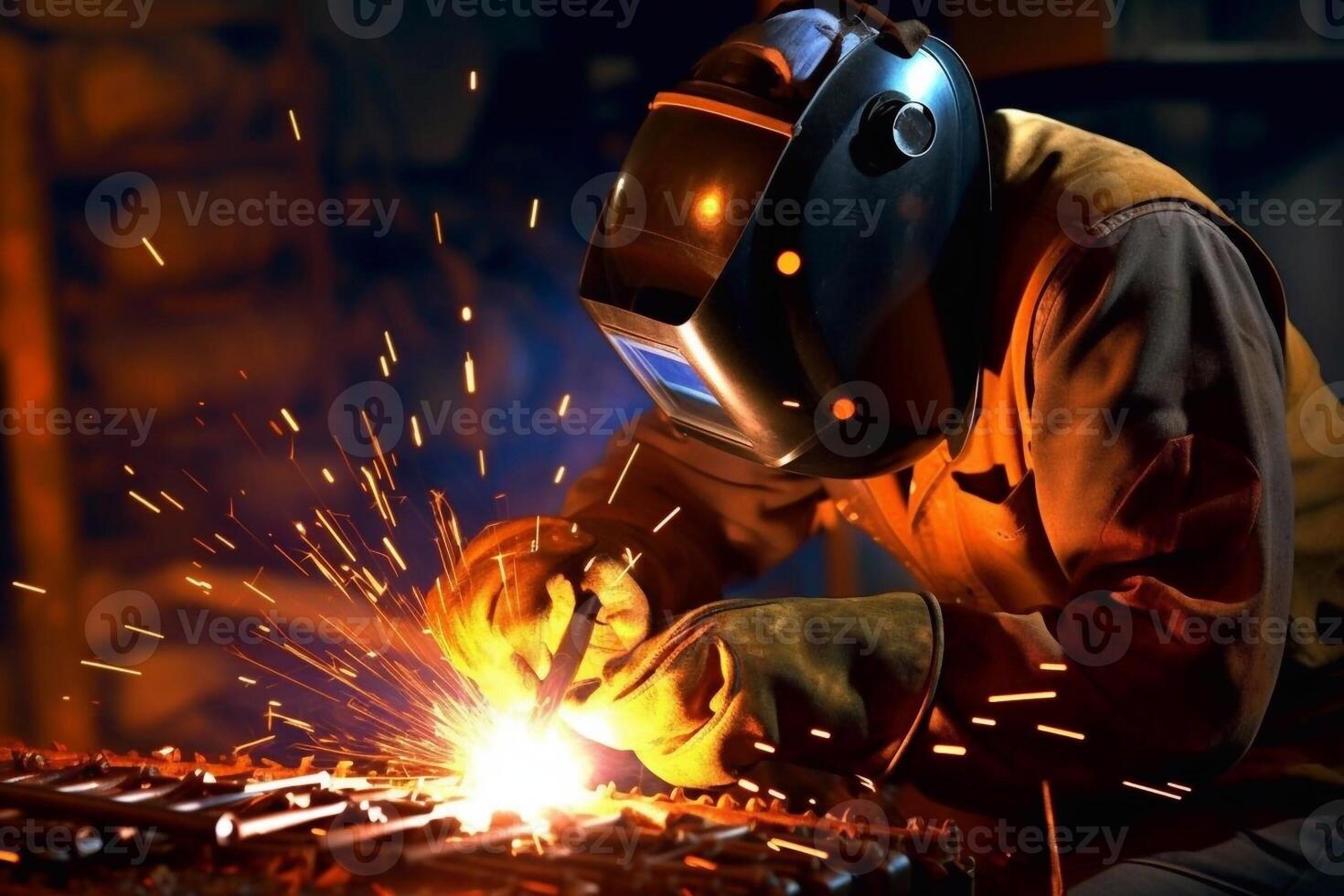 Welder on steel structure in factory photo