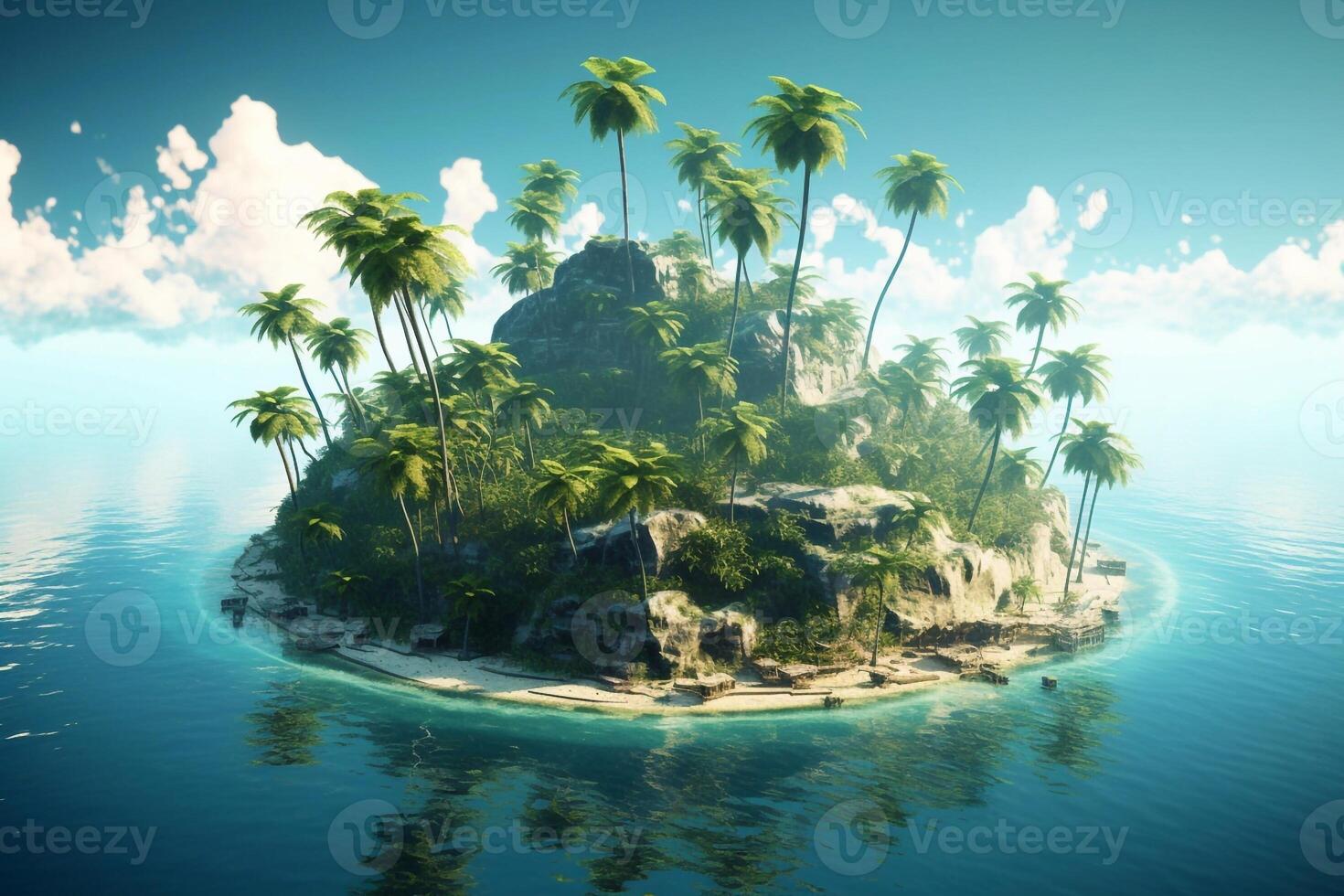 3D illustration blue tropical background of the sea in summer blurred with palm leaves and sunshine. Sea and sky with white clouds Summer holiday photo