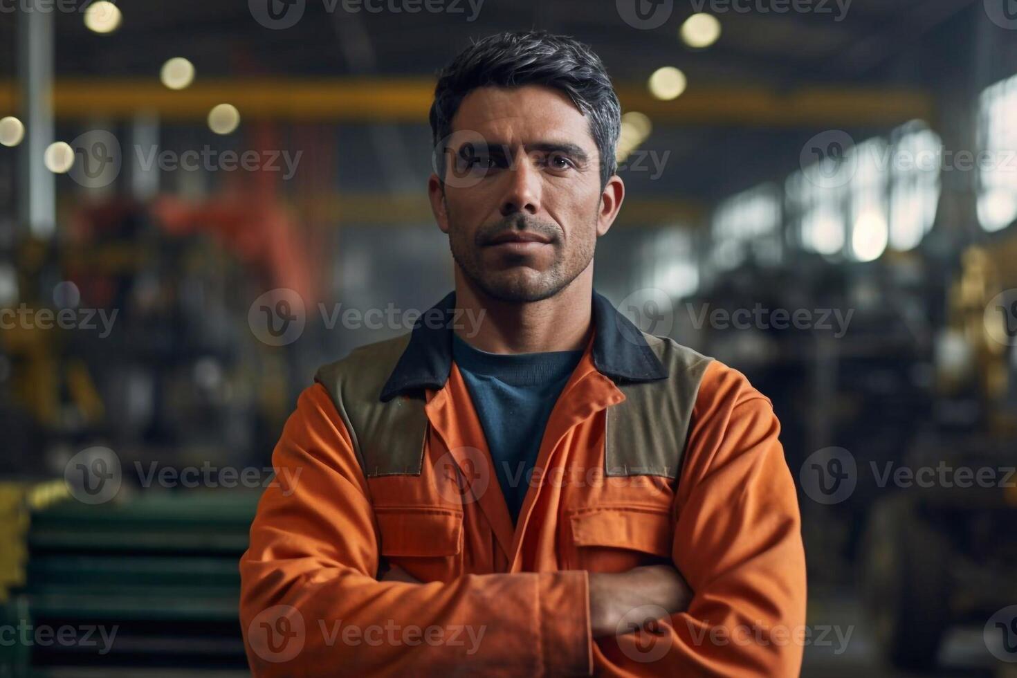 Portrait of construction worker in uniform is in the factory. photo