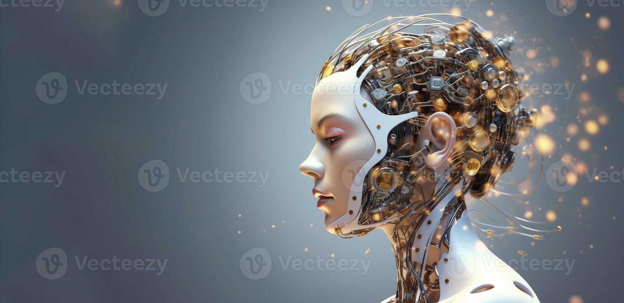 White woman cyborg on blurred background using digital chart interface 3D rendering photo