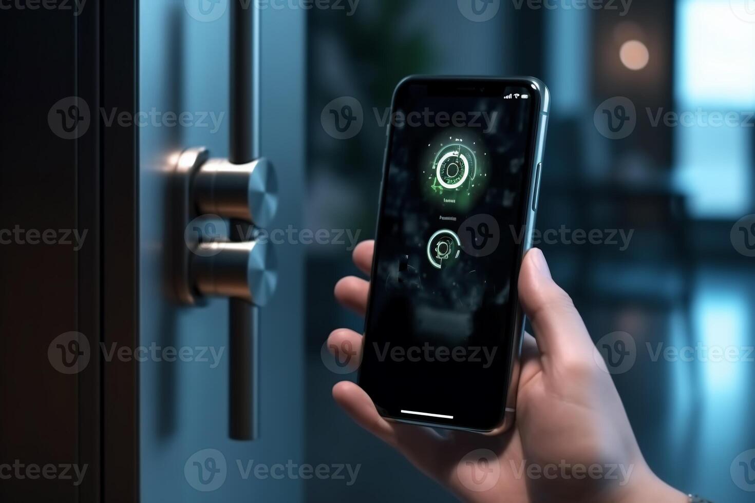 Smart Digital touch screen keypad access by entering pass code digital door handles on wood door Hotel or apartment door, future modern safety security technology more safe secure photo