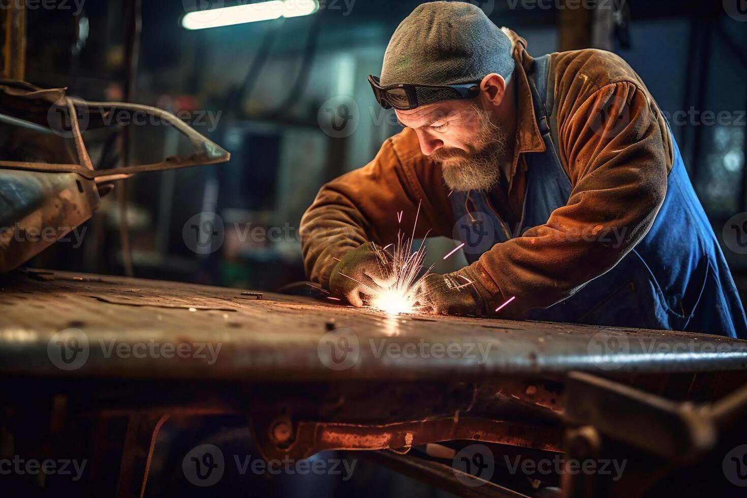 Welder on steel structure in factory photo