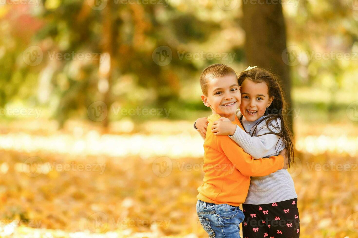 Children playing with autumn fallen leaves in park photo