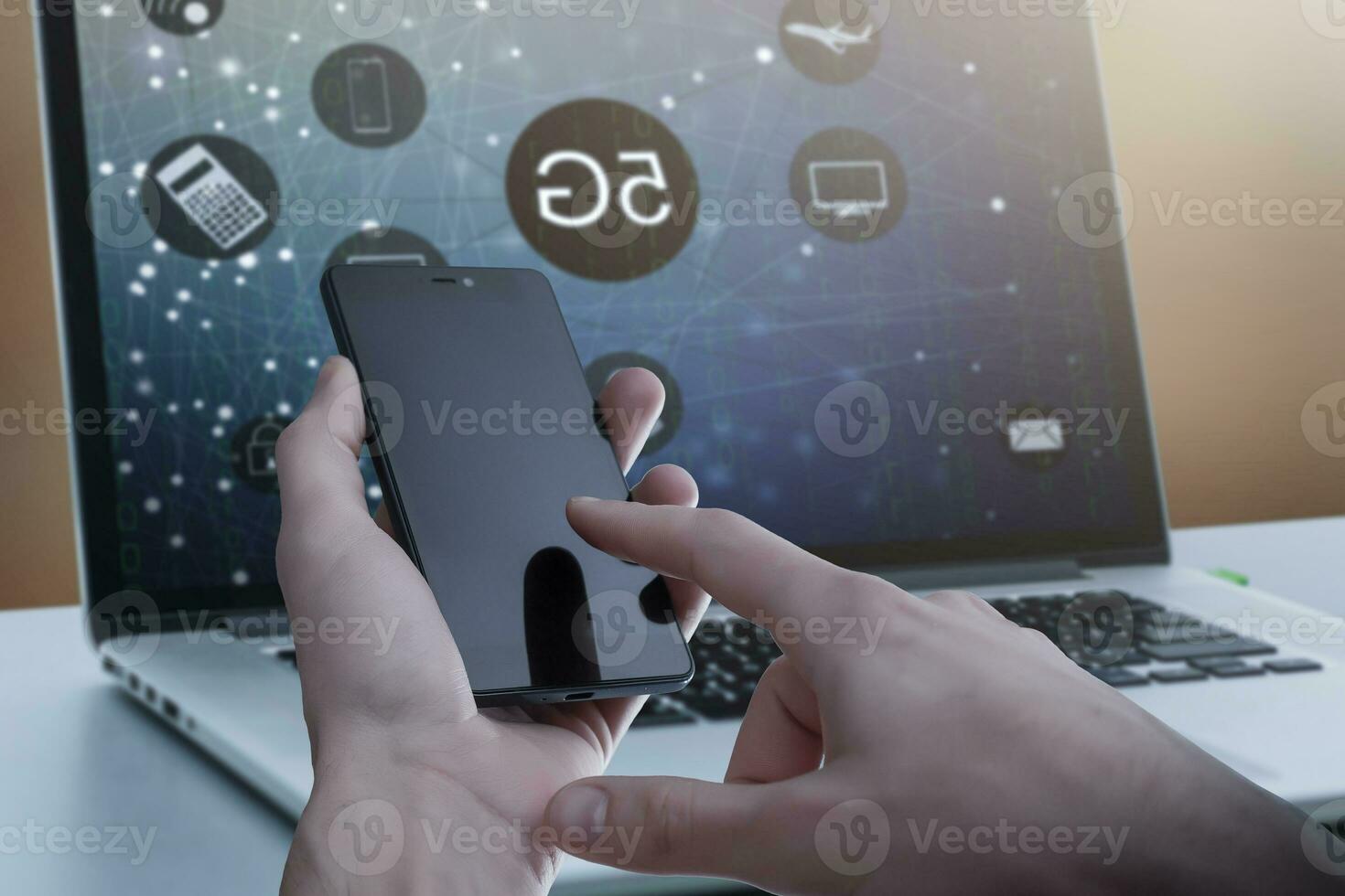 5G High speed internet network communication, man using mobile smartphone with 5G icons flow on virtual screen, worldwide connection photo