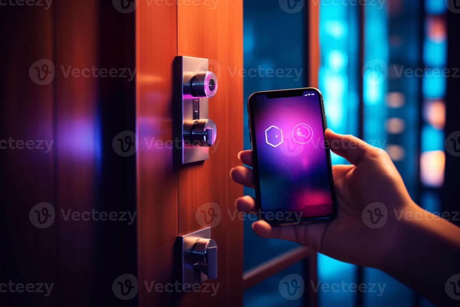 Woman locking smartlock on the entrance door using a smart phone. Concept of using smart electronic locks with keyless access photo