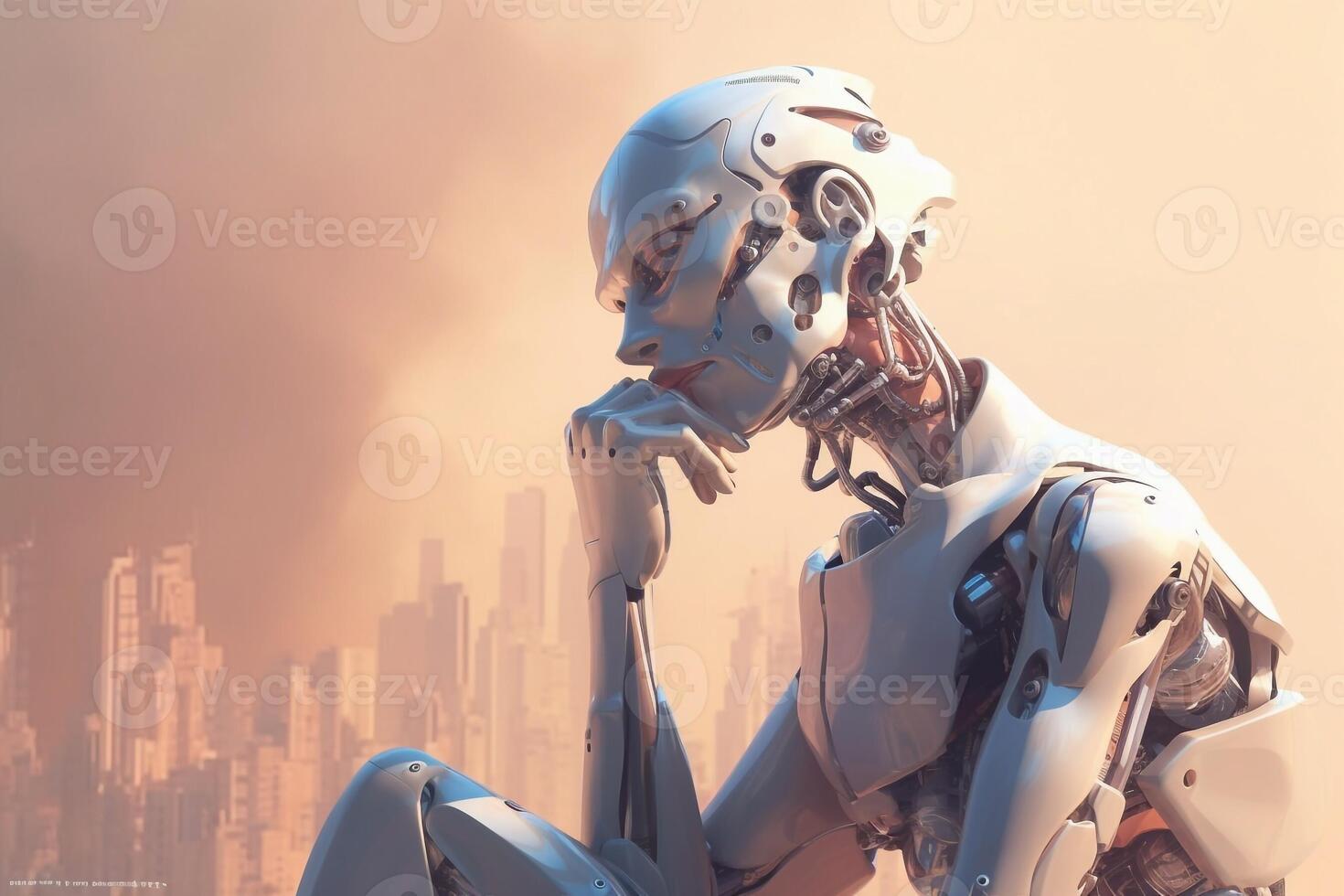 White woman cyborg on blurred background using digital chart interface 3D rendering photo