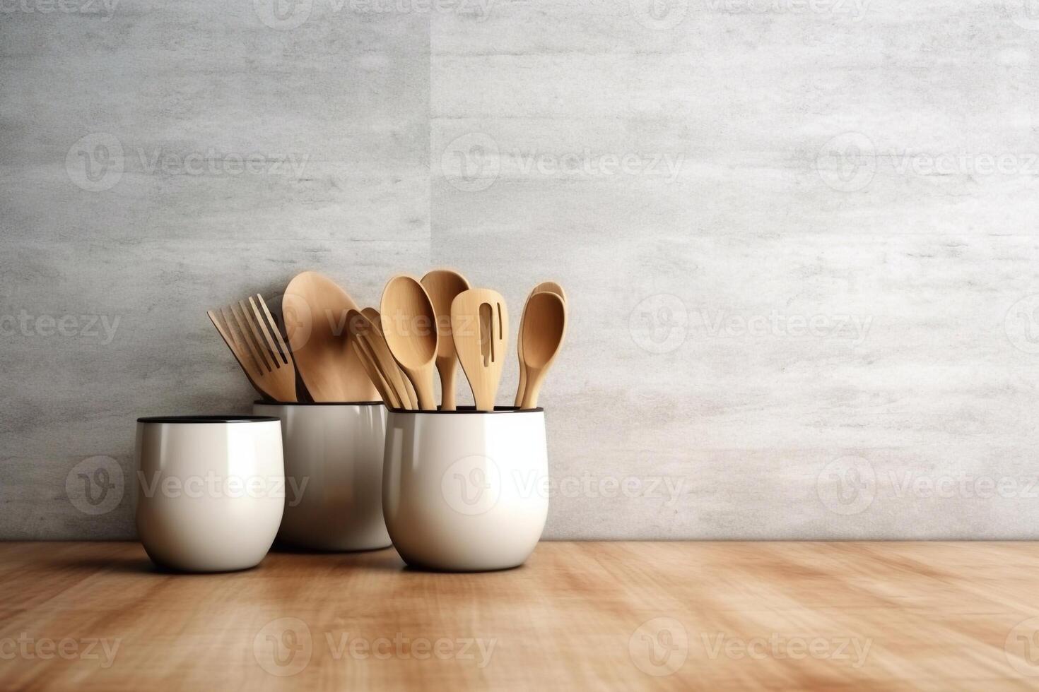 Crockery, tableware, utensils and other different stuff on wooden table-top. Kitchen still life as background for design. photo
