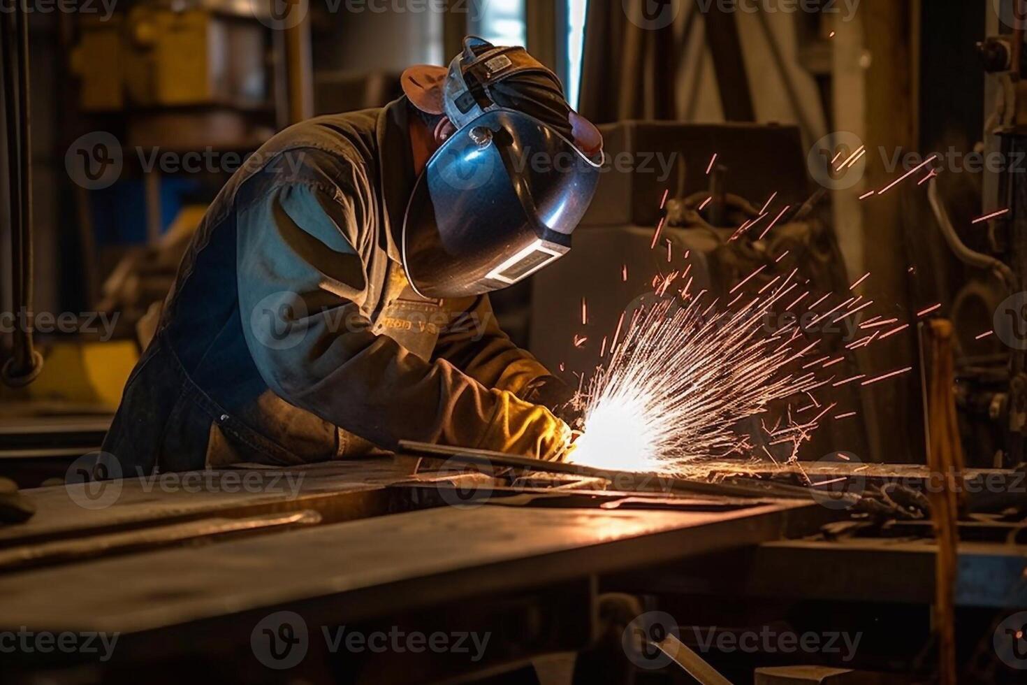 Welder on steel structure in factory photo