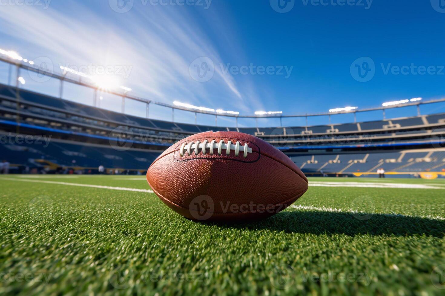 American football stadium full of fans in the stands with ball ready for kickoff or field goal on the field. Deliberate focus on foreground and copy space. photo