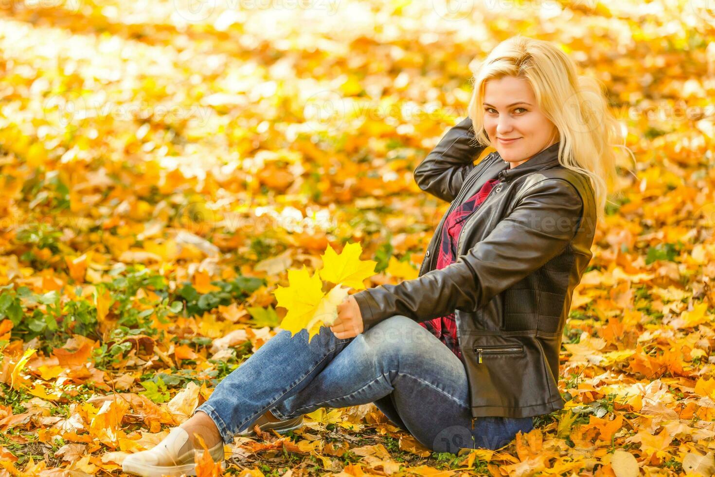 girl sitting in the autumn park photo