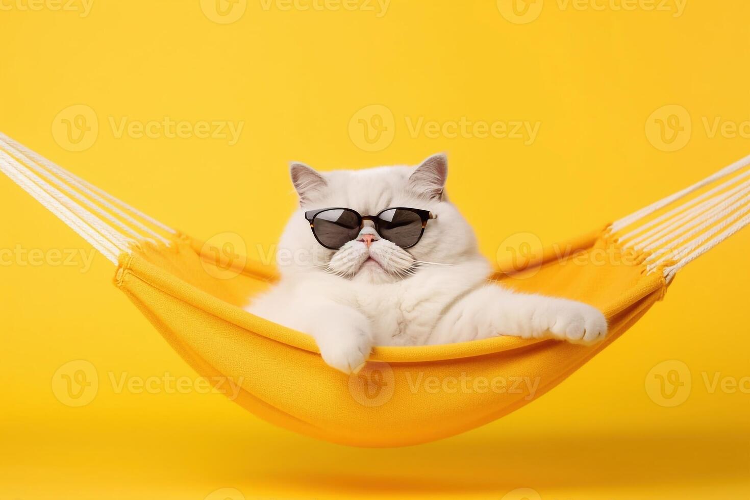 Funny white cat in sunglasses lies on a fabric hammock on a yellow background. photo