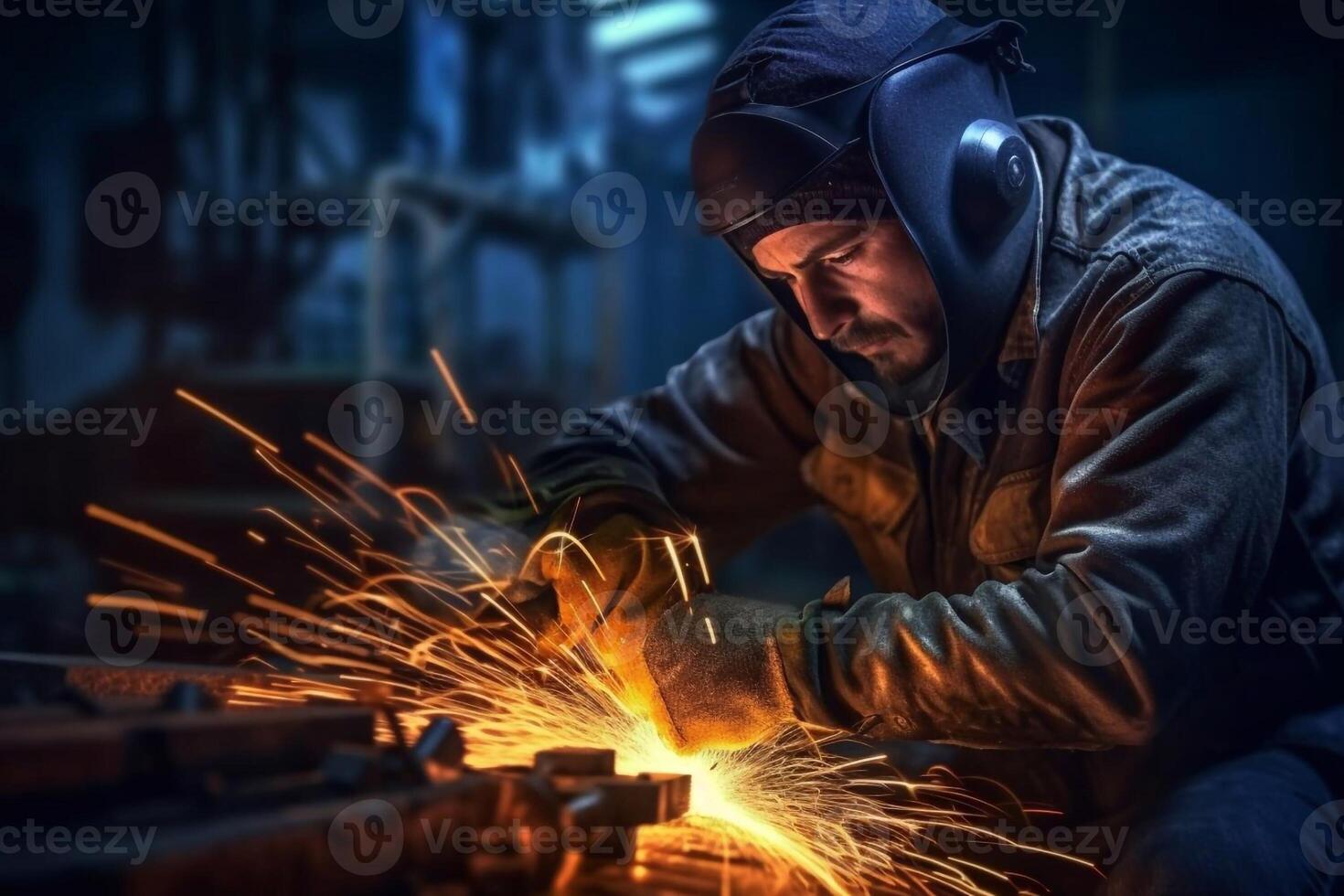 Welder on steel structure in factory photo