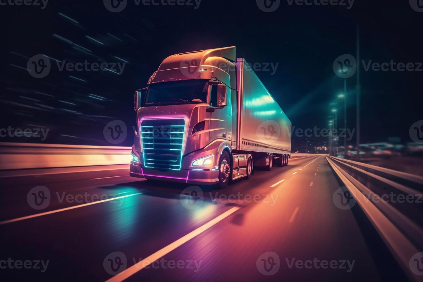 Concept Autonomous Semi Truck with Cargo Trailer Drives at Night on the Road with Sensors Scanning Surrounding. Special Effects of Self Driving Truck Digitalizing Freeway photo