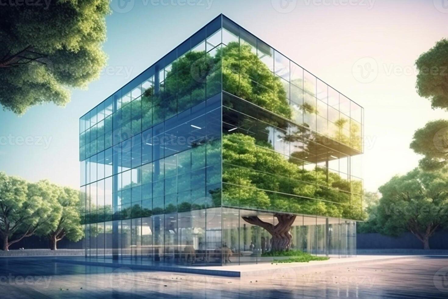 Sustainble green building. Eco-friendly building. Sustainable glass office building with tree for reducing carbon dioxide. Office with green environment. Corporate building reduce CO2. photo