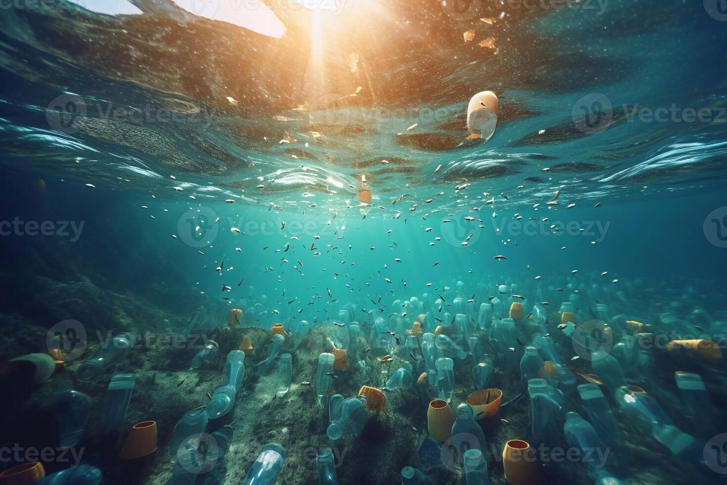 Plastic bottles sinking in to the ocean. Enviromental polution concept. World ocaens day Generative AI photo