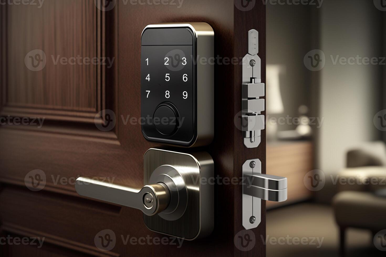 Wood door with smart lock, touch screen keypad and fingerprint, key less access photo