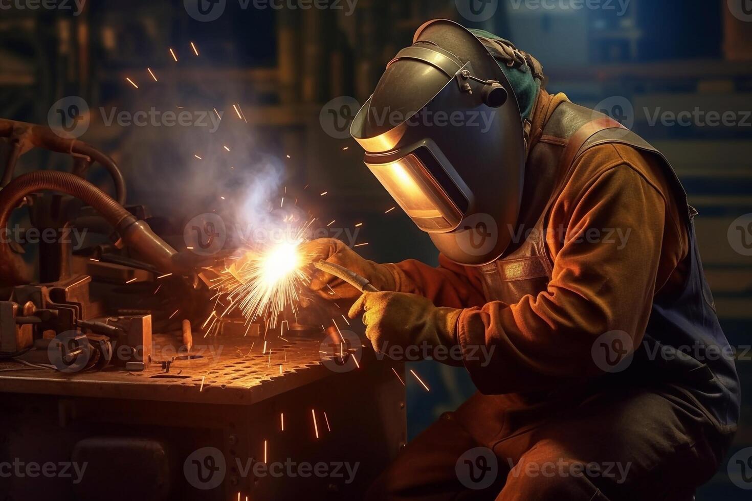 Welder on steel structure in factory photo