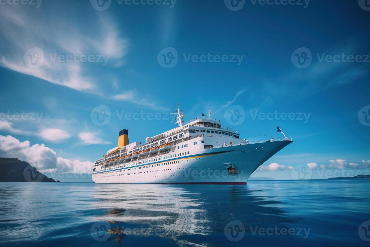 Cruise ship at harbor. Aerial view of beautiful large white ship at sunset. Colorful landscape with boats in marina bay, sea, colorful sky. Top view from drone of yacht. Luxury cruise. Generative AI photo