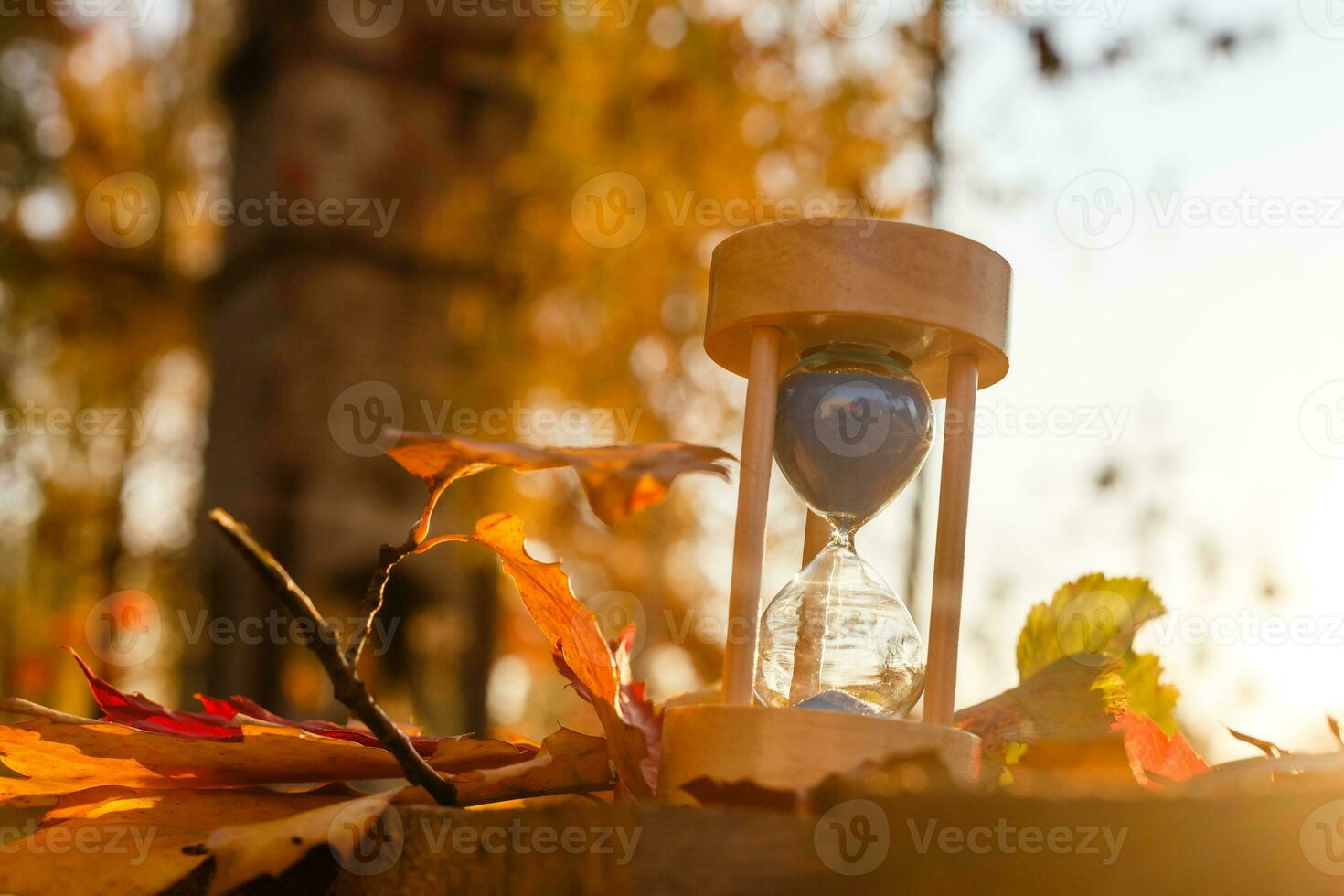 Autumn time theme, Sandglass on fallen leaves in various colors with copy space. photo
