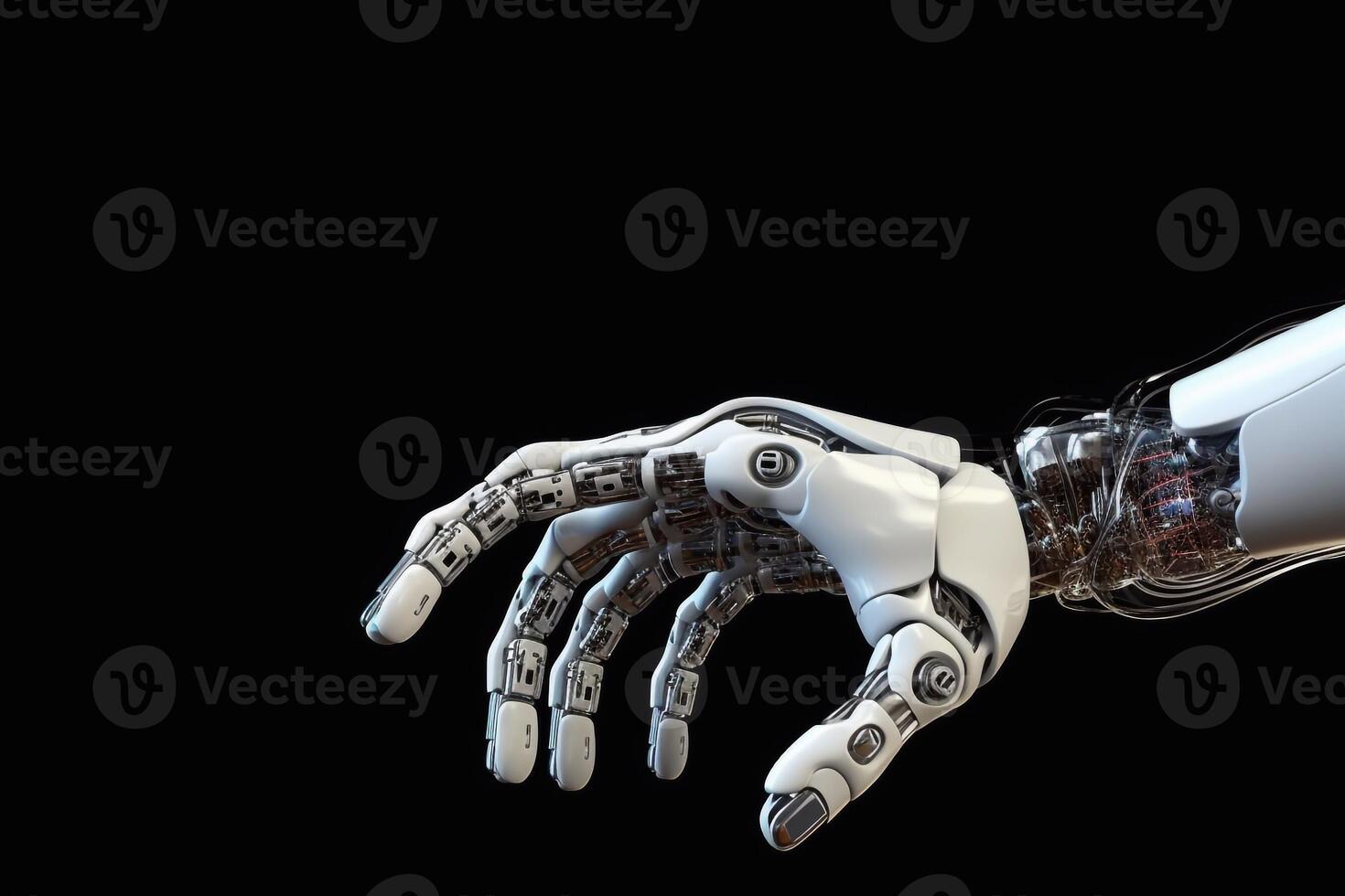 View of a Cyborg robot hand on a city background 3d rendering photo