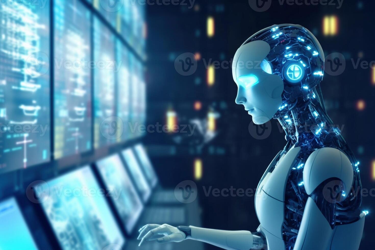 Chatbot. Abstract 3d low polygonal robot holding Chat icon. Speech bubble message symbol. Dialogue cloud. Abstract Social Network or Communication theme in blue color. photo