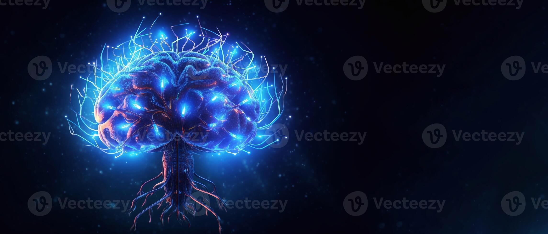 Futuristic blue digital brain in cyberspace. Neurons firing in MRI scan of artificial intelligence neural network. Medical research of brain activity. Deep learning, AI and modern photo