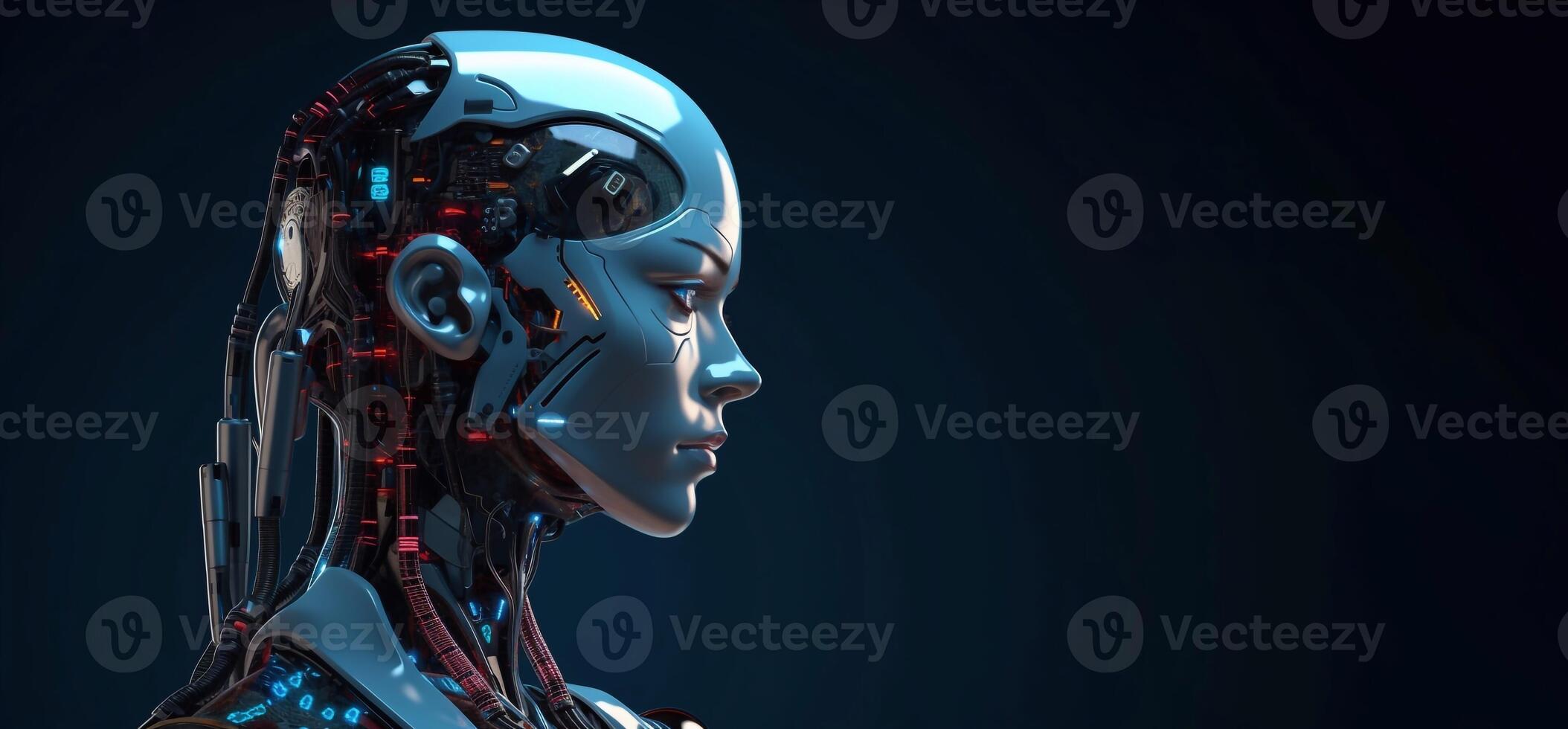 Robot on a modern city background. A concept of artificial intelligence for the industrial revolution and the automation of manufacturing processes. photo