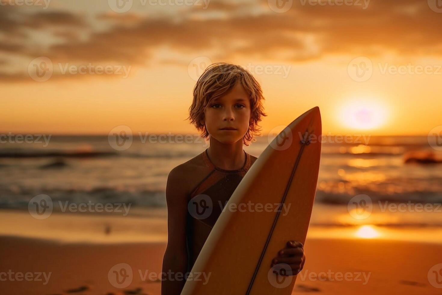 Confident boy carrying surfboard while standing at seaside in sunset photo