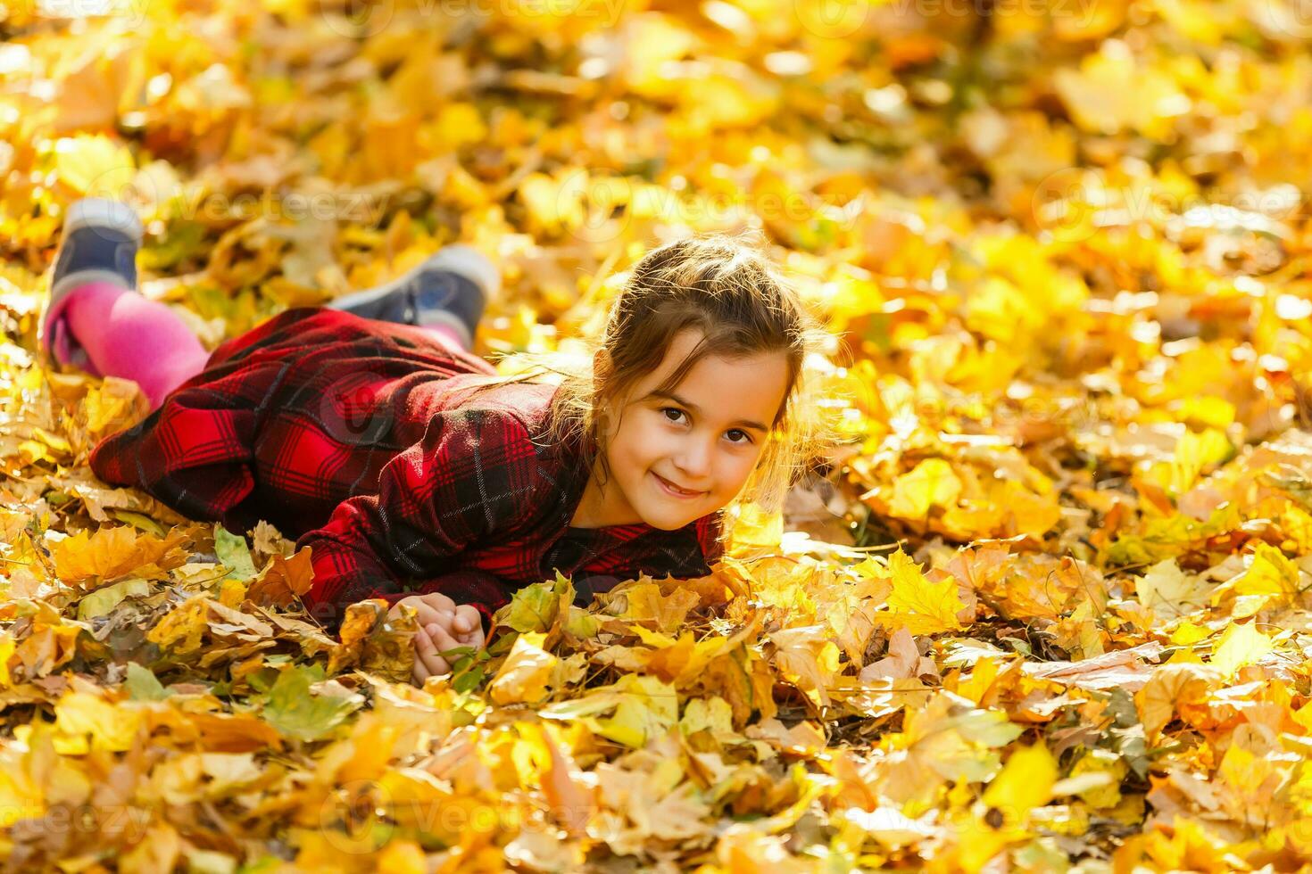 hermosa pequeño niña con otoño hojas al aire libre foto