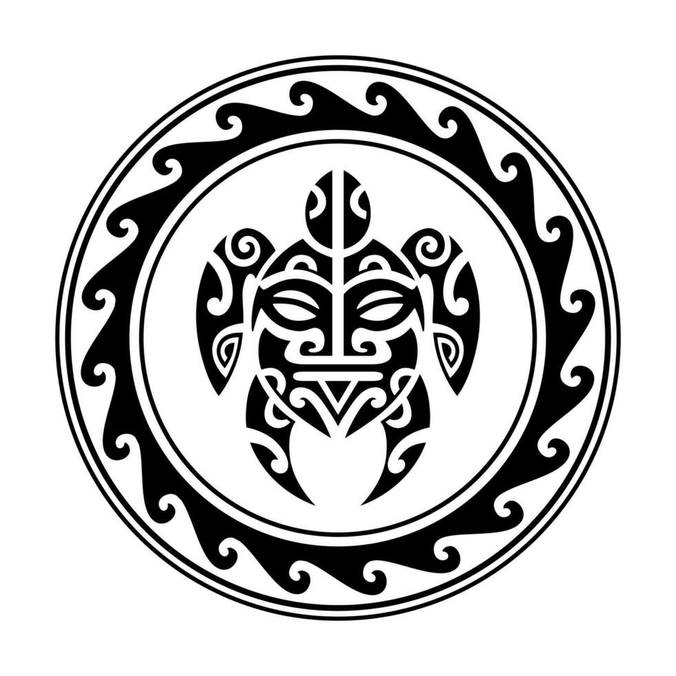 Sea turtle in the Maori style. Tattoo sketch round circle ornament. Turtle logo, symbol, emblem. vector